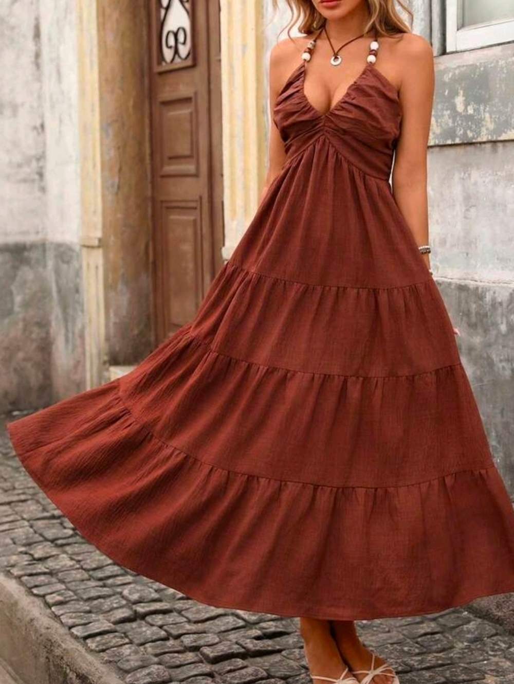 New Beaded Tie Halter Tiered Maxi Dress Rusty Brown - Picture 4 of 9